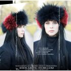 Black raccoon fur headband with vivid red color accents