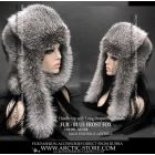 Women's luxury fur headwrap made of real blue frost fox with long draped panels – front and side view of Arctic-style designer winter accessory.