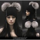 Black beanie with silver fox fur pom poms – Kylie Jenner inspired winter look