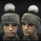 men’s brown melange fur beanie with polar fox pom