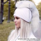 mohawk white beanie with arctic marble fox fur tail and flower brooch