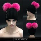 Bright sky blue fox fur bobble beanie with folded acrylic brim in black