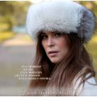 Polar & Grey Fox Fur Headband on woman - front view, white polar fox base with grey fox side accents, sculptural winter accessory