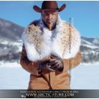 Russian Lynx Fur Power Pelerine from the TWINFUR™ Series, handcrafted by Romanov from two belly pelts of wild male lynx, worn by Swango Kango under a bright Oregon sky.