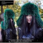 WOMEN’S TRAPPER HAT · EMERALD GREEN RACCOON FUR · LEATHER