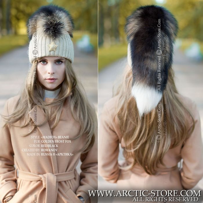 Golden Cross Fox Fur Tail Mohawk Beanie · Real Fur Hat – Arctic Store