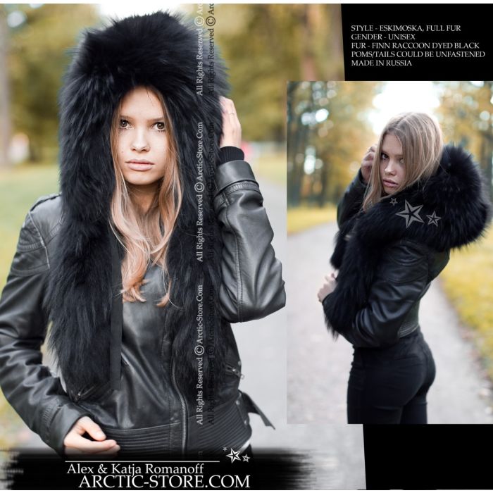 Eskimo fur hat with tails - black raccoon hood / arctic-store