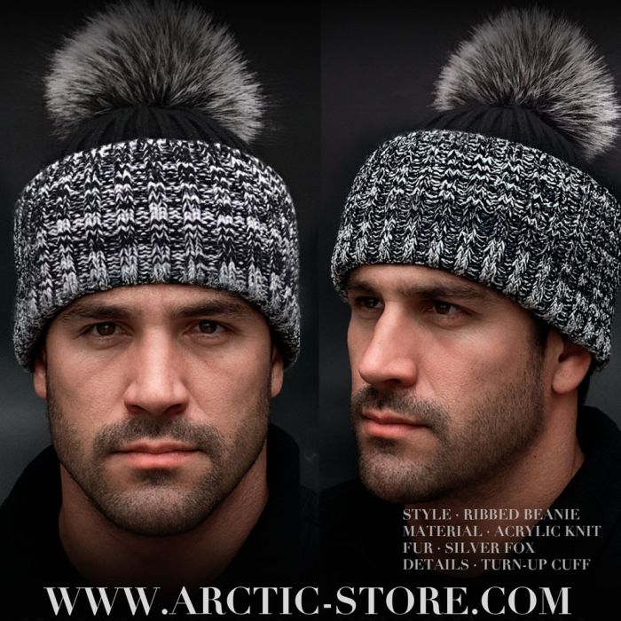 Men's Black Beanie · Silver Fox Pom · Contrast Cuff – Arctic Store
