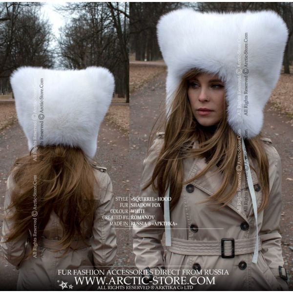 Real Shadow Blue fox fur hat with removable tail Pure white.M/L 