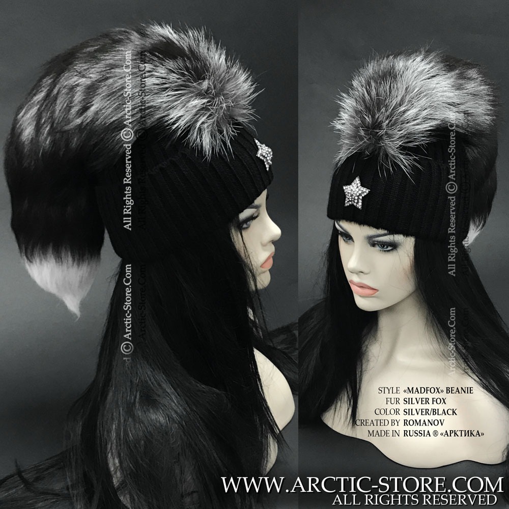 Stylish MadFox beanie with silver fox fur tail - unique winter fashion accessory