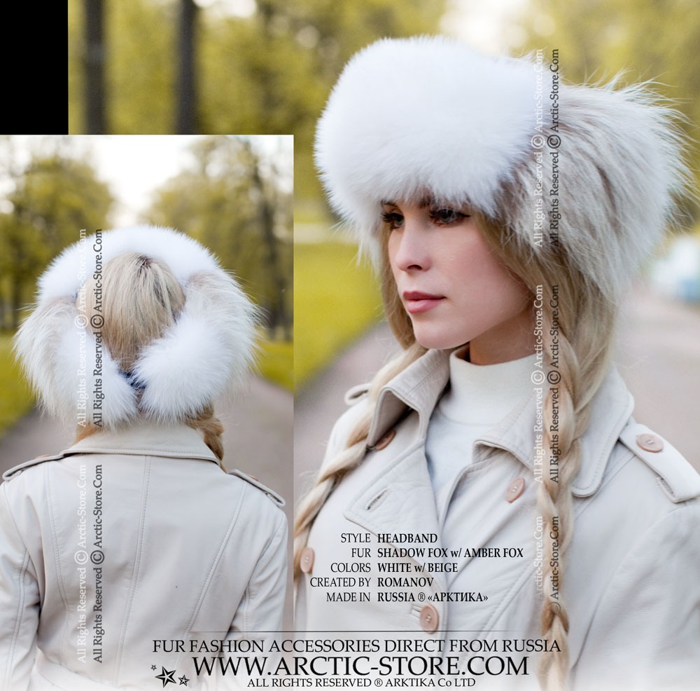 White and amber beige fox fur headband with soft natural tones