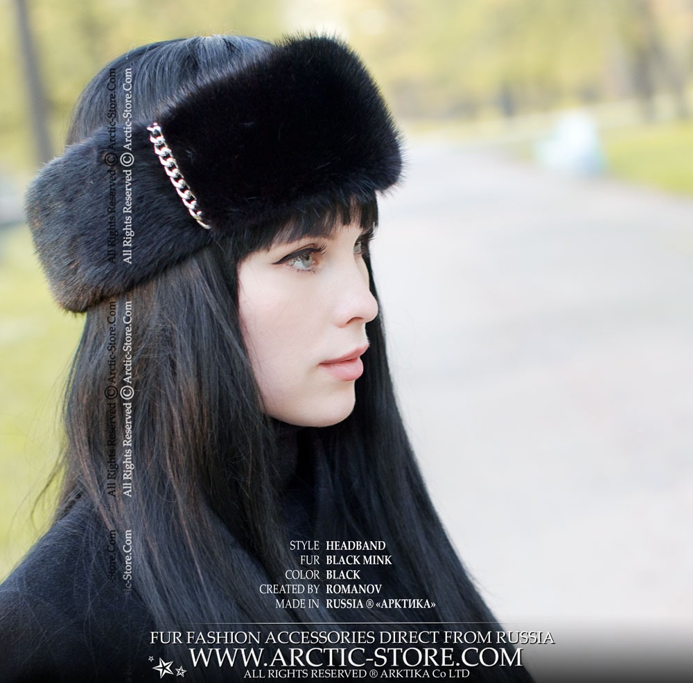 Black mink fur headband with silver chain details
