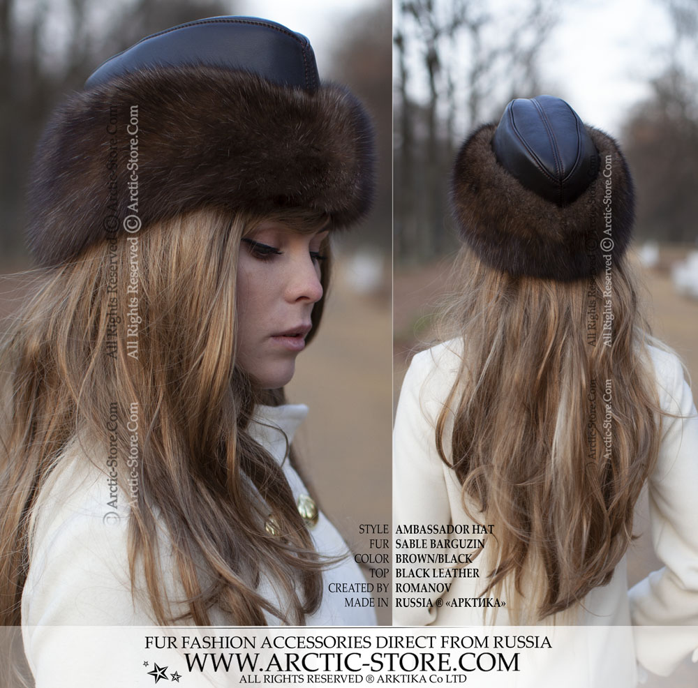 Elegant ambassador sable fur hat for ladies with black leather top