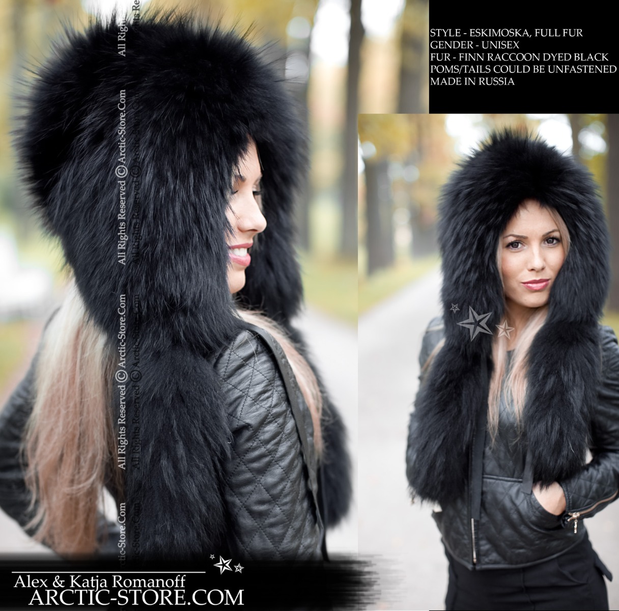 Eskimoska Hood/Hat w/ tails, Black Raccoon