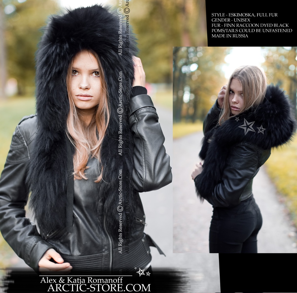 Eskimoska Hood/Hat w/ tails, Black Raccoon