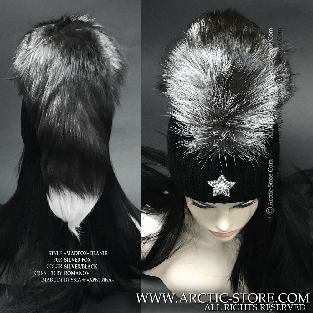 Bold black beanie with luxurious silver fox fur tail - handcrafted designer hat