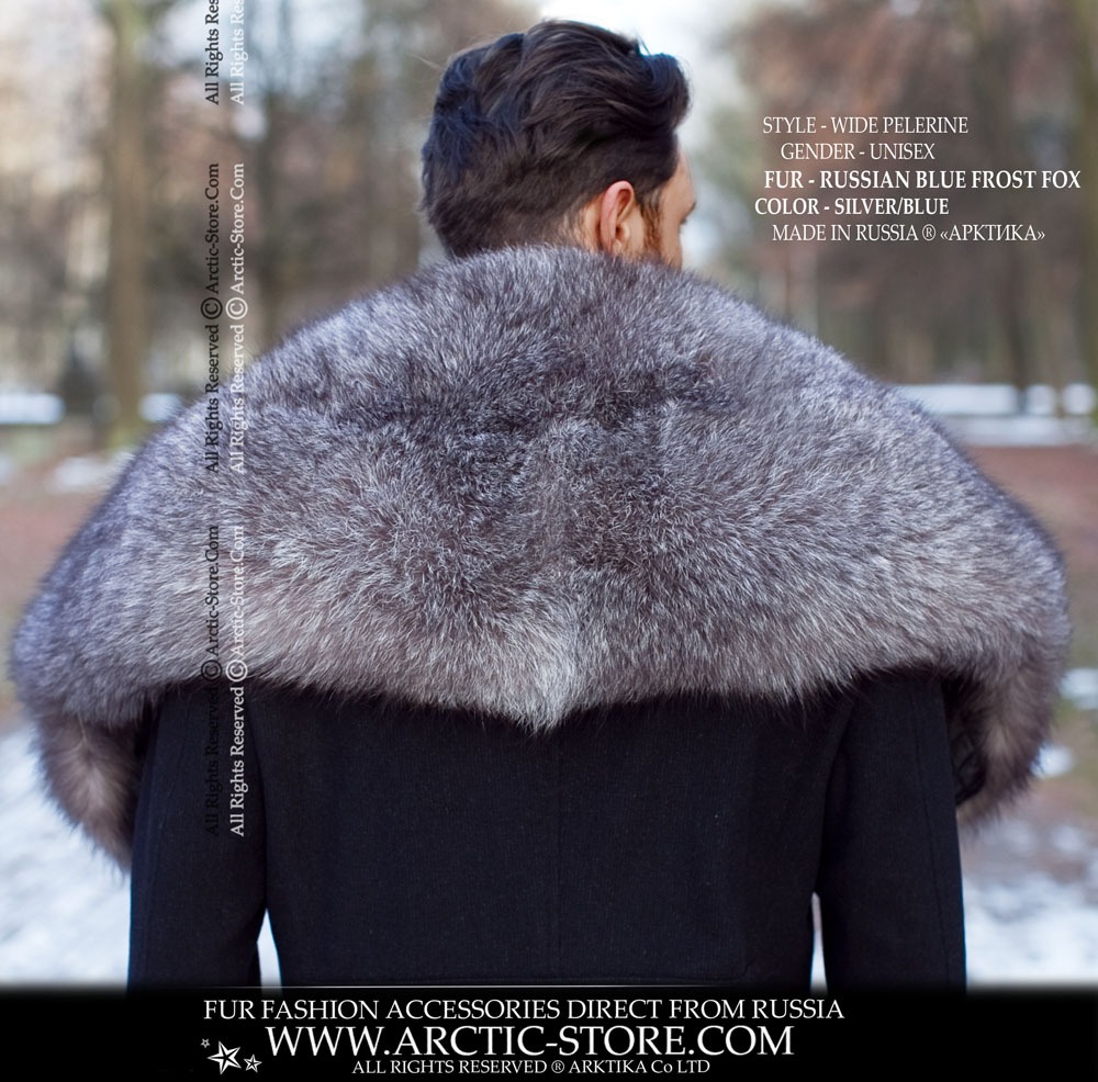 Men's luxury wide fur wrap with indigo-frost tone fox, draped over a winter coat for sovereign winter style.