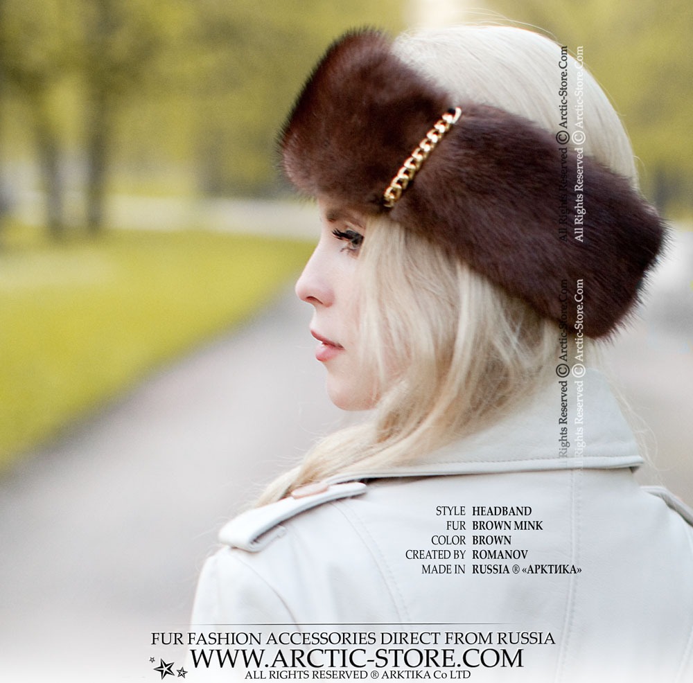 Mahogany brown mink fur headband with gold chain accents