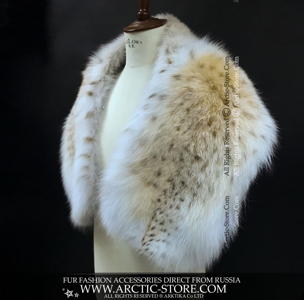 Side angle of luxury Russian lynx fur pelerine, highlighting shoulder drape and natural markings.