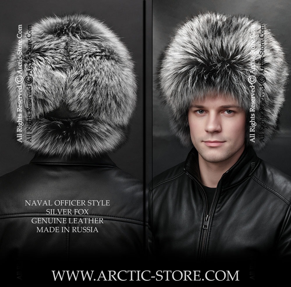 ushanka-style officer hat in long-haired silver fox fur
