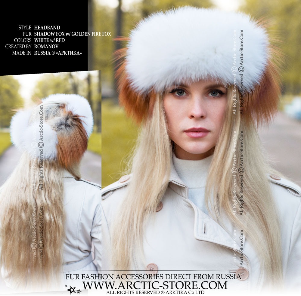 White and gold fox fur headband with soft side flow