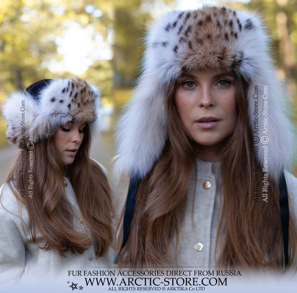 Front close-up of women’s Russian lynx fur trapper hat. Authentic lynx fur with natural spotted texture, plush volume, and ear flaps for versatile winter wear.