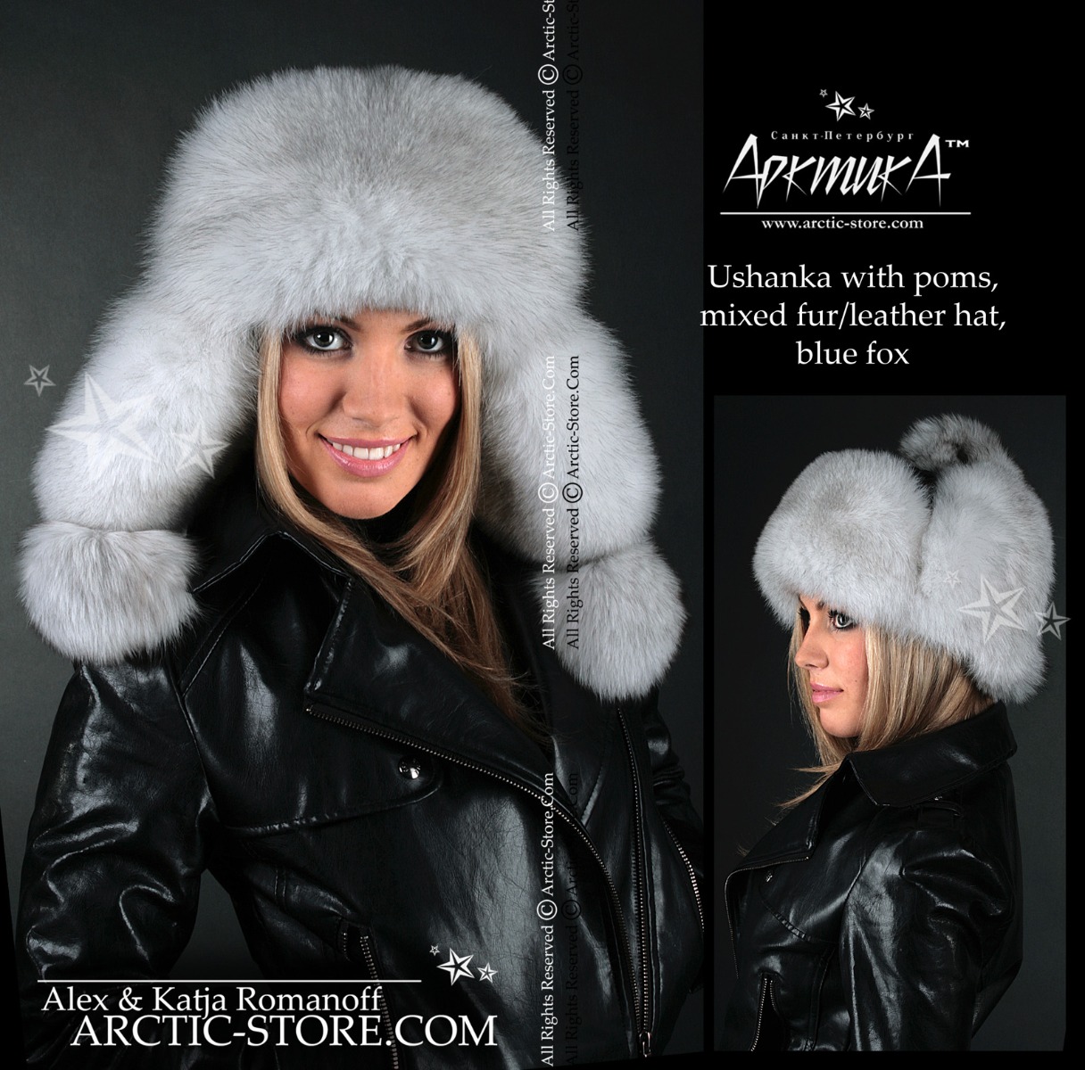 Women’s Bomber Hat · Natural Polar Fox Fur · Leather · Poms