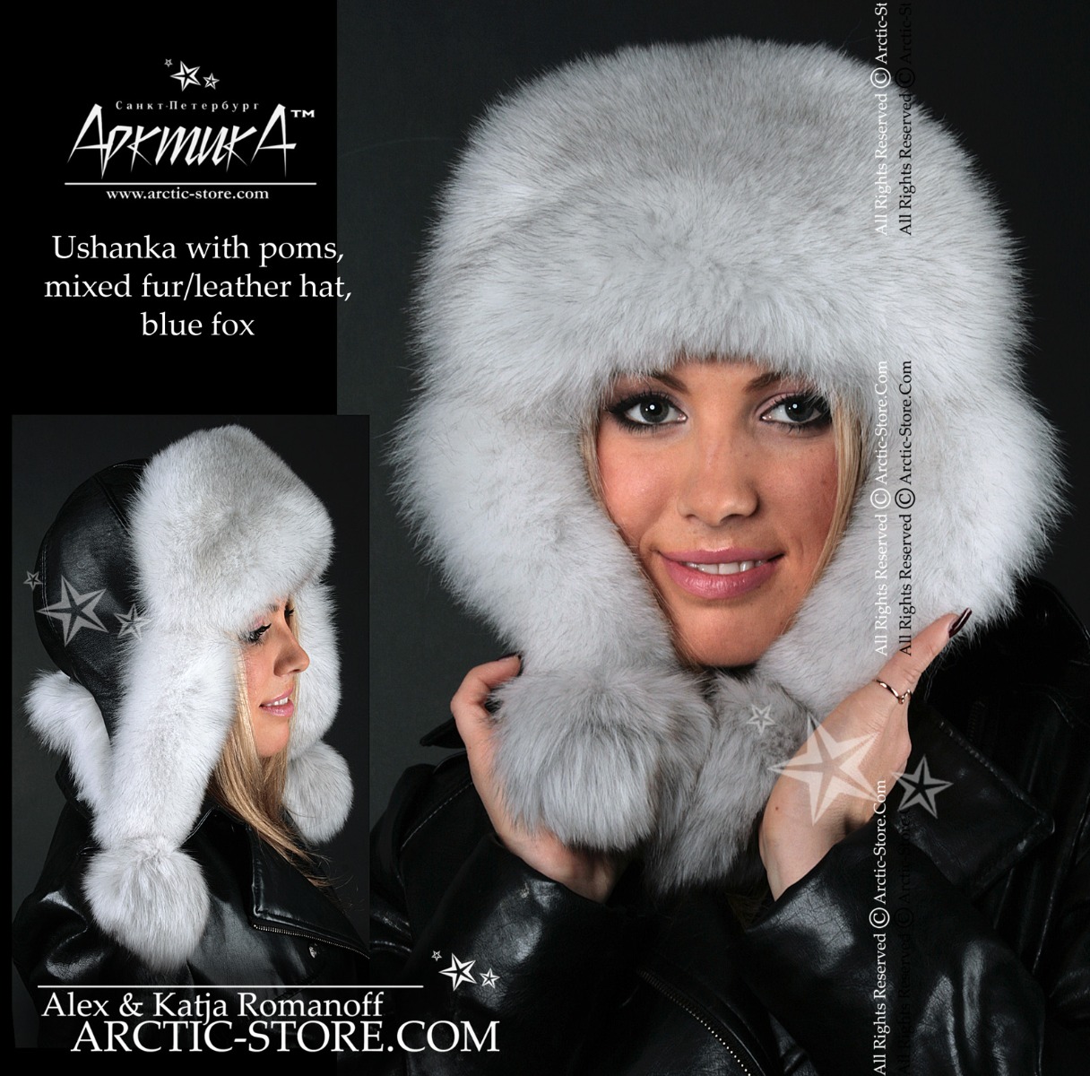 Women’s Bomber Hat · Natural Polar Fox Fur · Leather · Poms