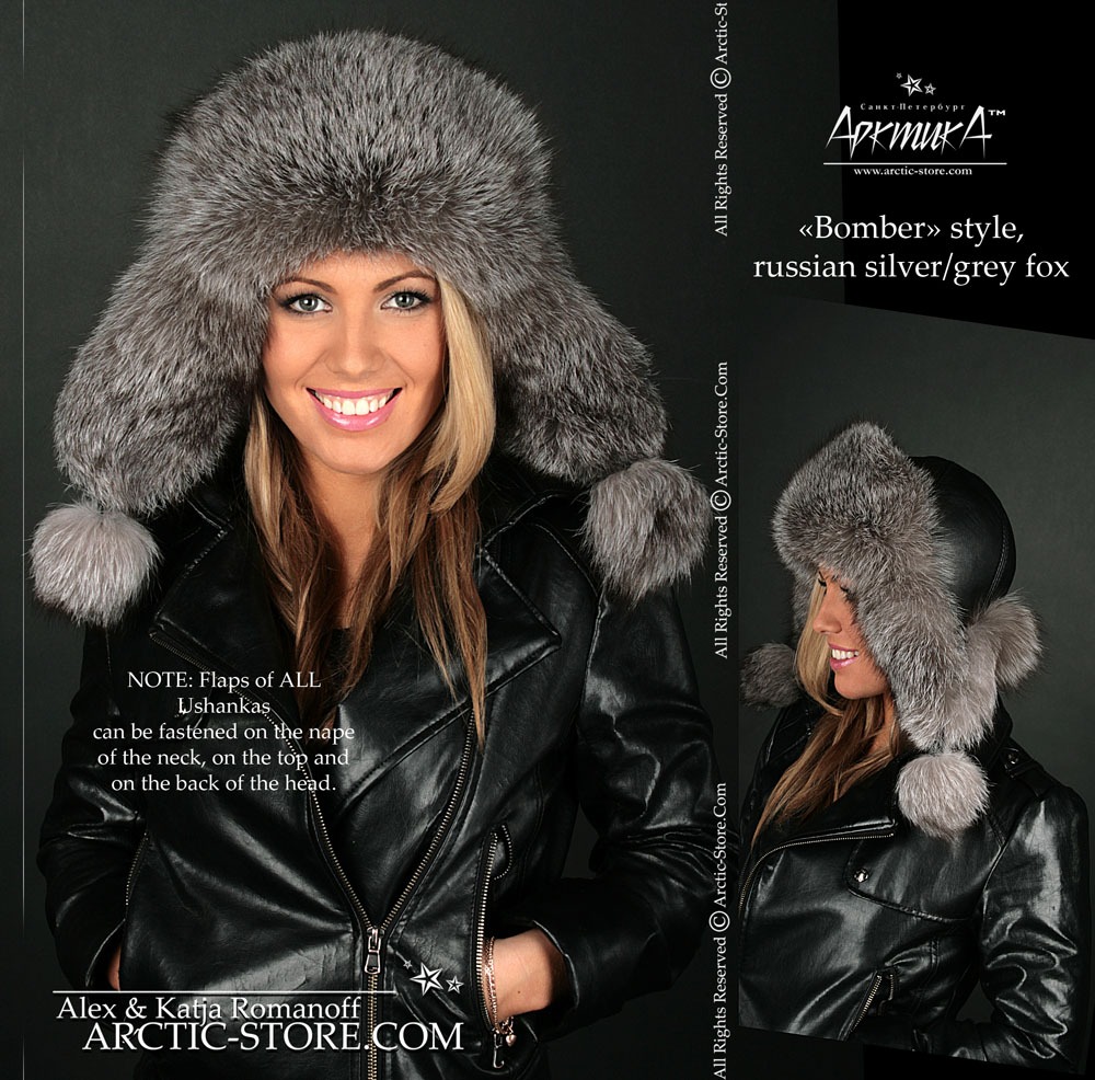Women’s Bomber Hat · Grey Fox Fur · Leather · Poms