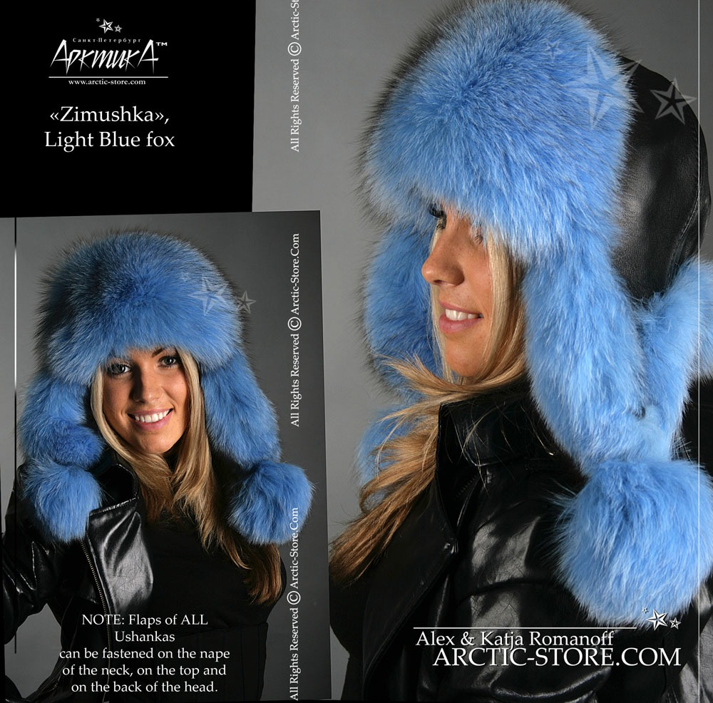 Women’s Bomber Hat · Sky Blue Fox Fur · Leather · Poms