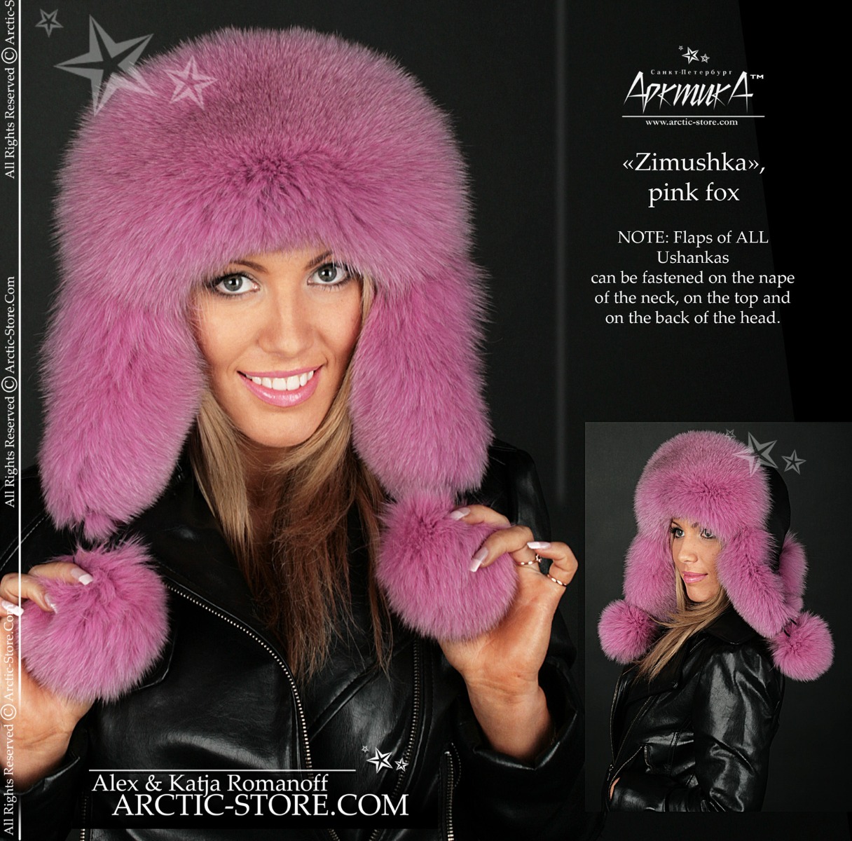 Women’s Bomber Hat · Pink Fox Fur · Leather · Poms