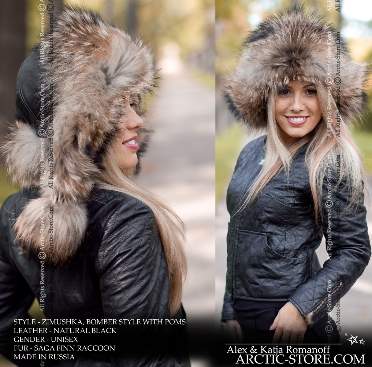 Women’s Bomber Hat · Russian Raccoon Fur · Leather · Poms