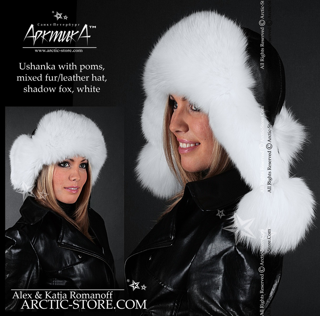 Women’s Bomber Hat · White Arctic Fox Fur · Leather · Poms