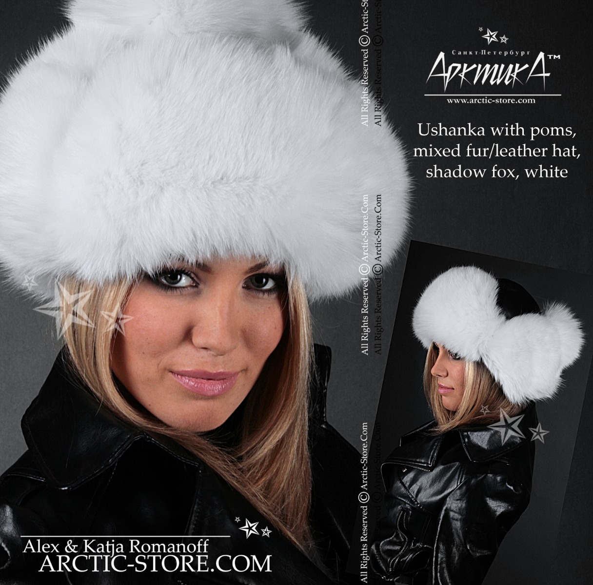 Women’s Bomber Hat · White Arctic Fox Fur · Leather · Poms