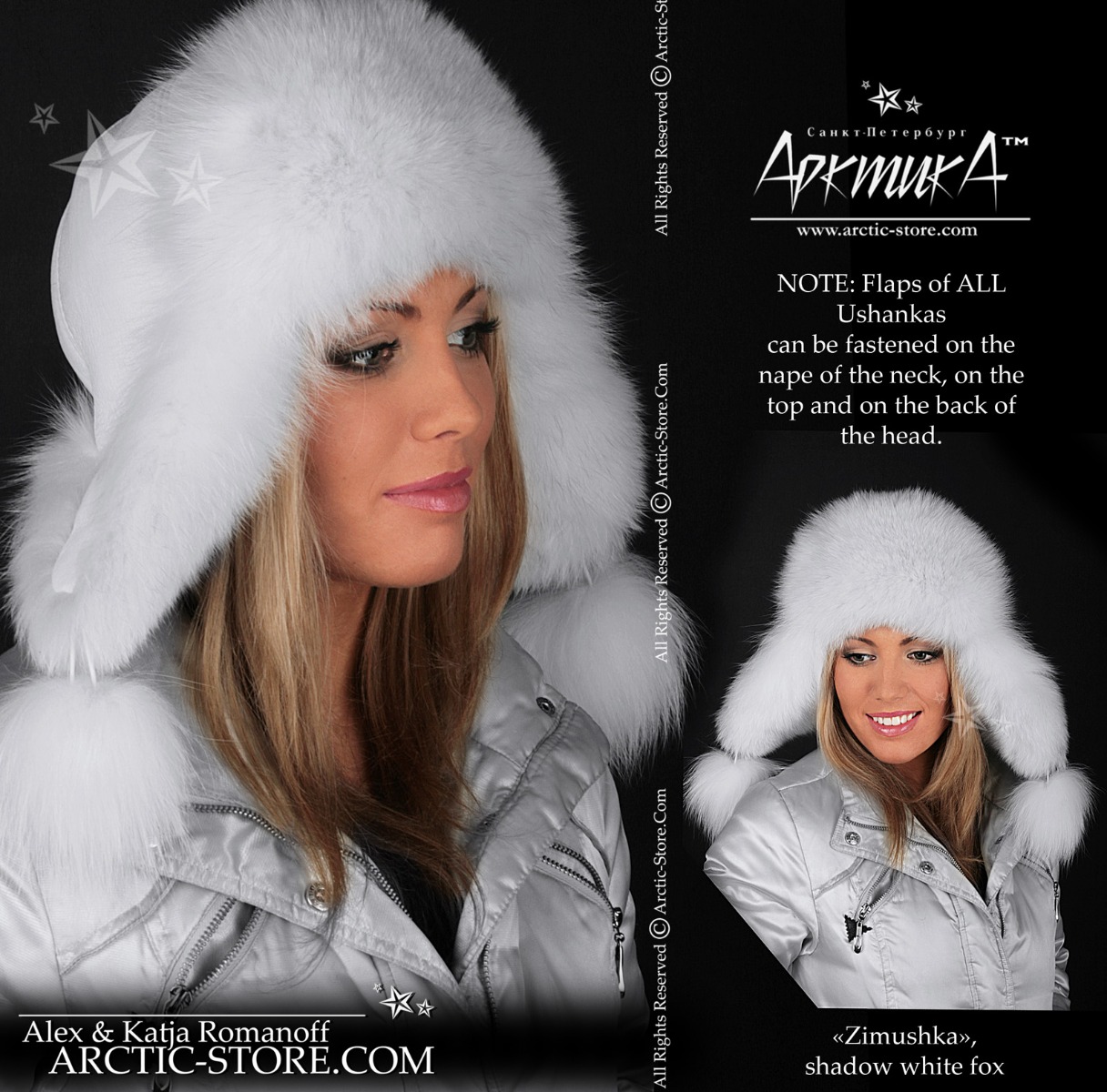Women’s Bomber Hat · White Arctic Fox Fur · Leather · Poms