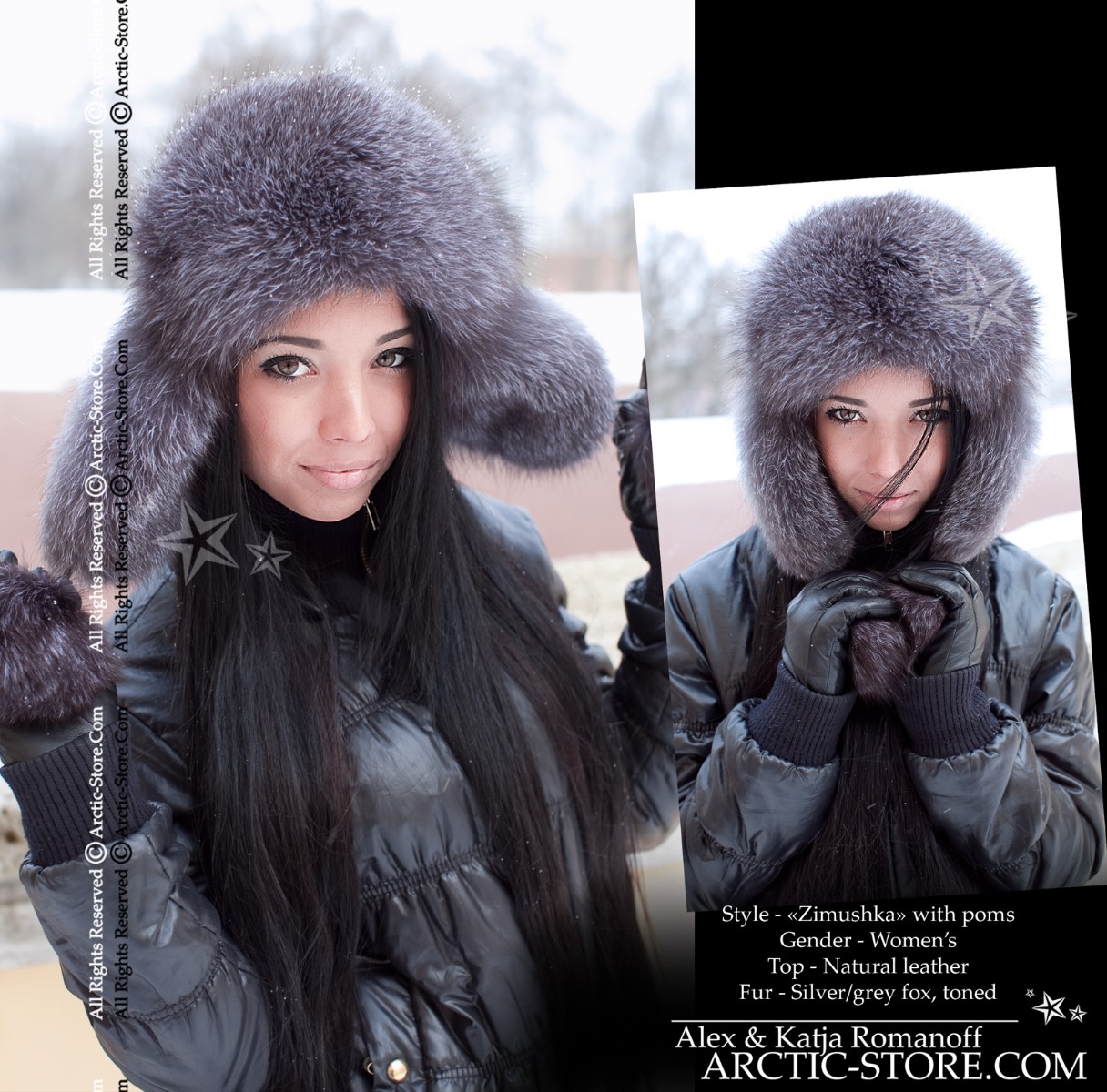 Women’s Bomber Hat · Blue-Toned Silver Fox Fur · Leather · Poms