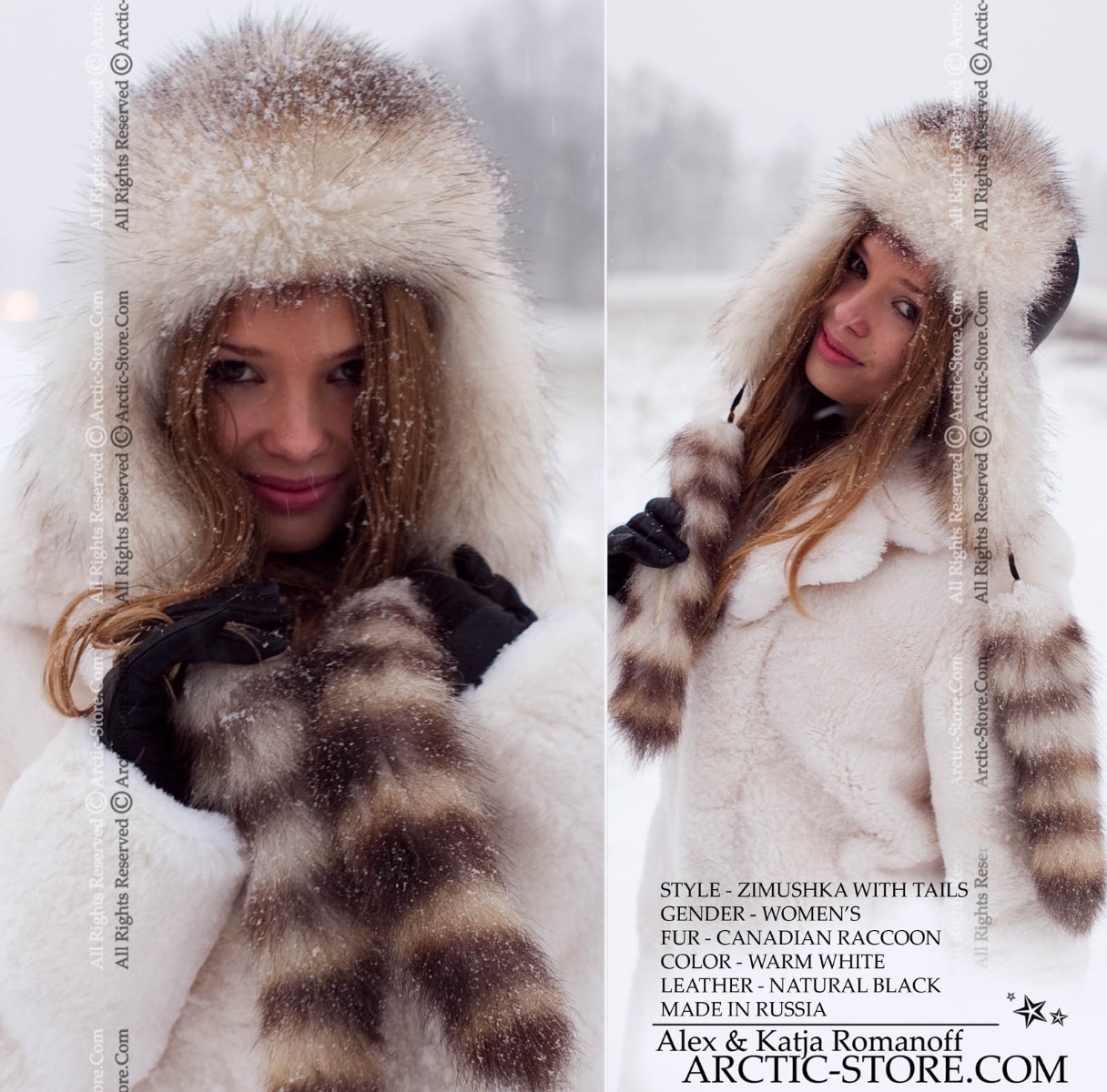 Women’s Bomber Hat · White Canadian Raccoon Fur · Leather · Tails